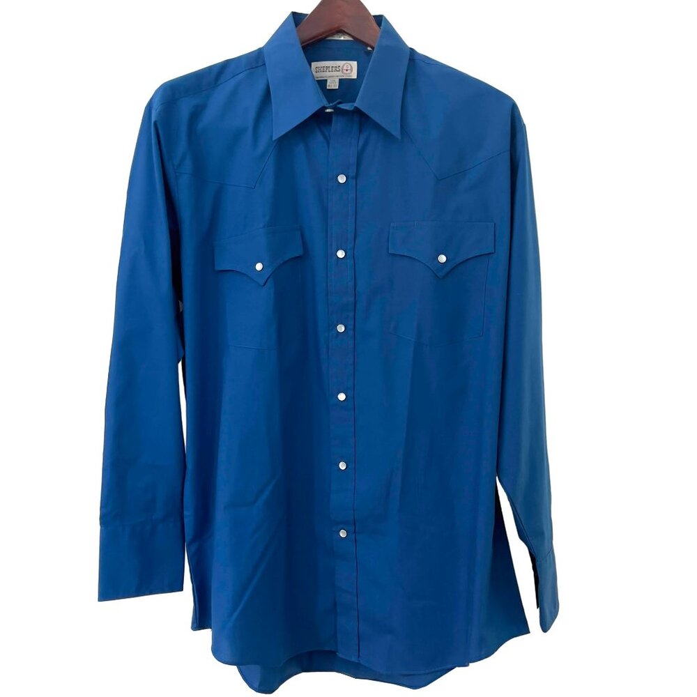 New Sheplers Blue Western Shirt - 16.5/33 - Pearl Snaps, Flap Pocket, Cowboy